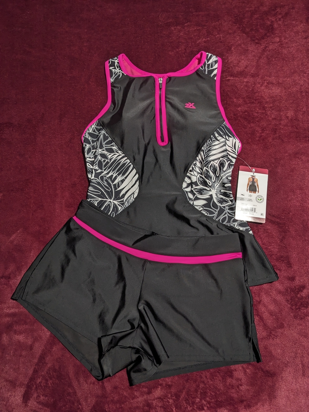Black & Pink Floral-Panel Sport Swim Tankini Set